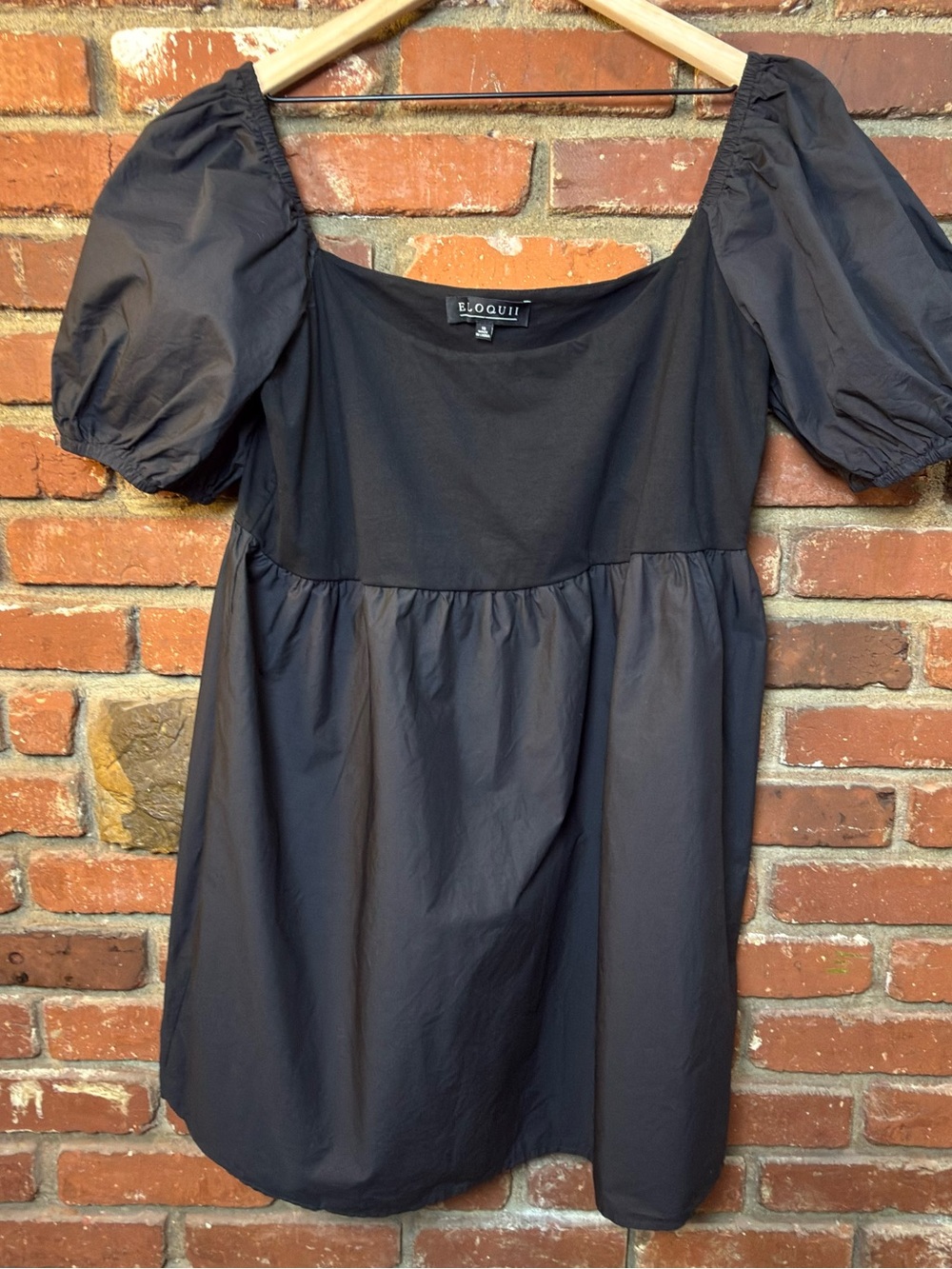 ELOQUII Black Solid Babydoll Dress Scoop Neck Puff Sleeve Short Size 16
